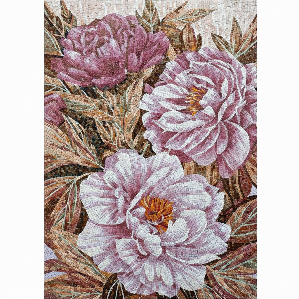 Custom Romantic Peony Glass Mosaic Mural - Oversized Floral Luxury Art