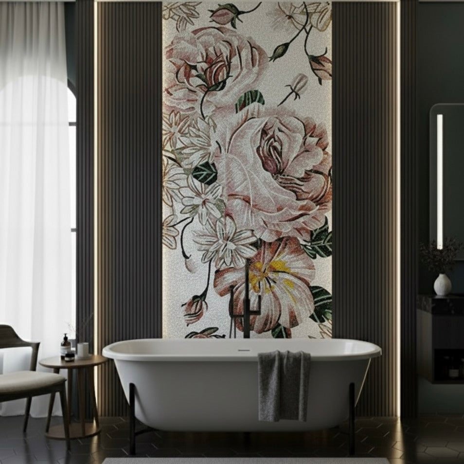 Custom Romantic Rose Garden Glass Mosaic Mural - Soft Floral Wall Art