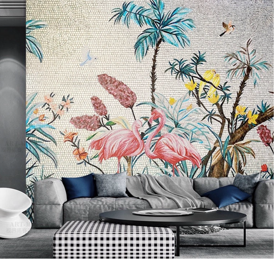 Living room with a decorative wall featuring flamingos and tropical plants.