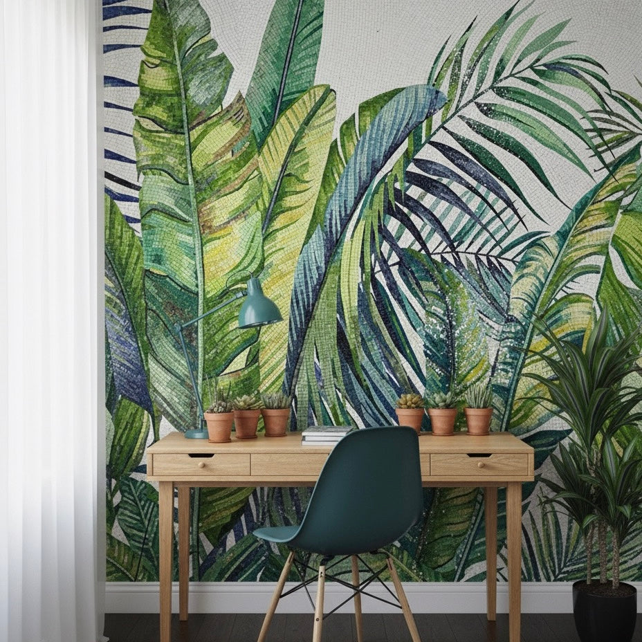 Custom Tropical Leaf Glass Mosaic Mural - Lush Jungle Wall Art