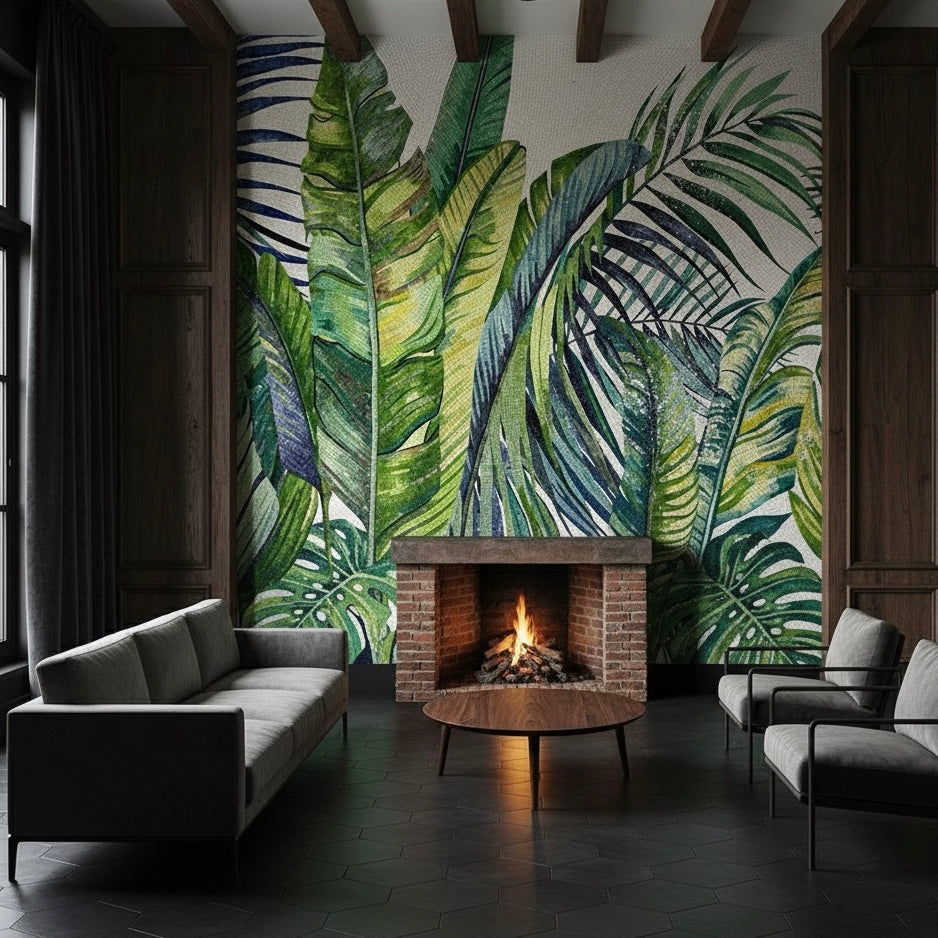 Custom Tropical Leaf Glass Mosaic Mural - Lush Jungle Wall Art