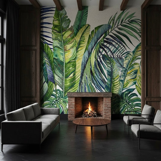 Custom Tropical Leaf Glass Mosaic Mural - Lush Jungle Wall Art