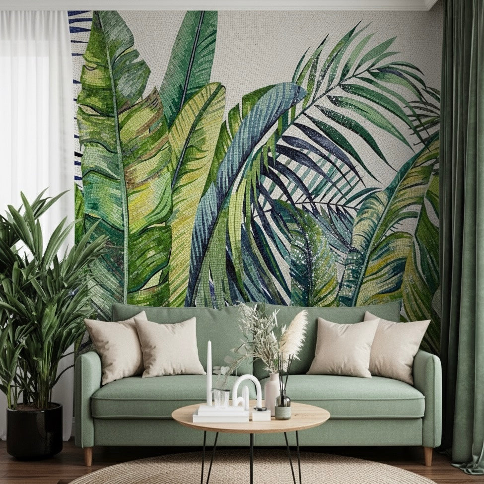 Custom Tropical Leaf Glass Mosaic Mural - Lush Jungle Wall Art