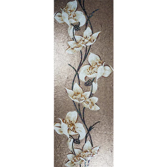 Custom White Orchid Glass Mosaic Mural | Luxury Vertical Floral Art Tile
