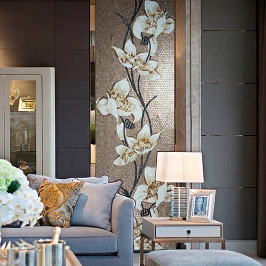 Custom White Orchid Glass Mosaic Mural
