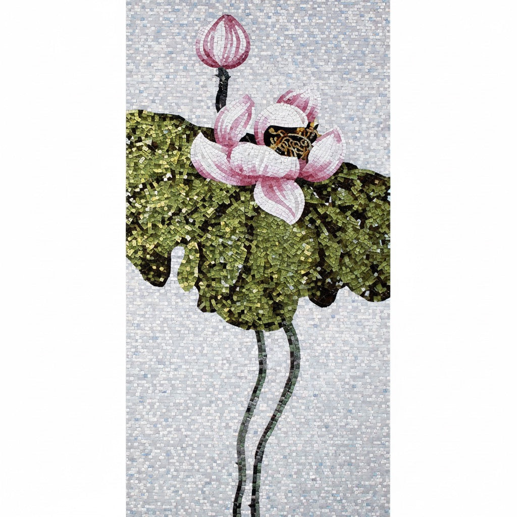 Custom White & Pink Lotus Glass Mosaic Mural - Modern Zen Botanical Art