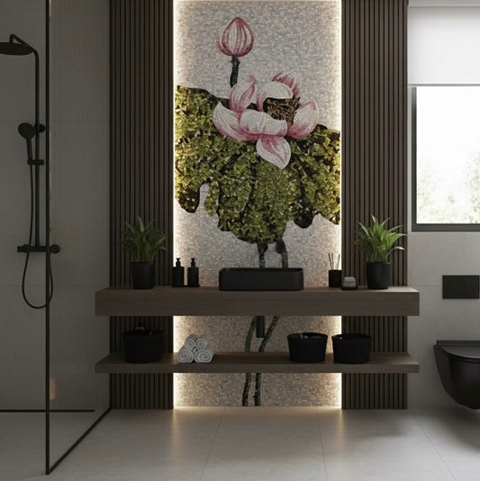 Custom White & Pink Lotus Glass Mosaic Mural - Modern Zen Botanical Art