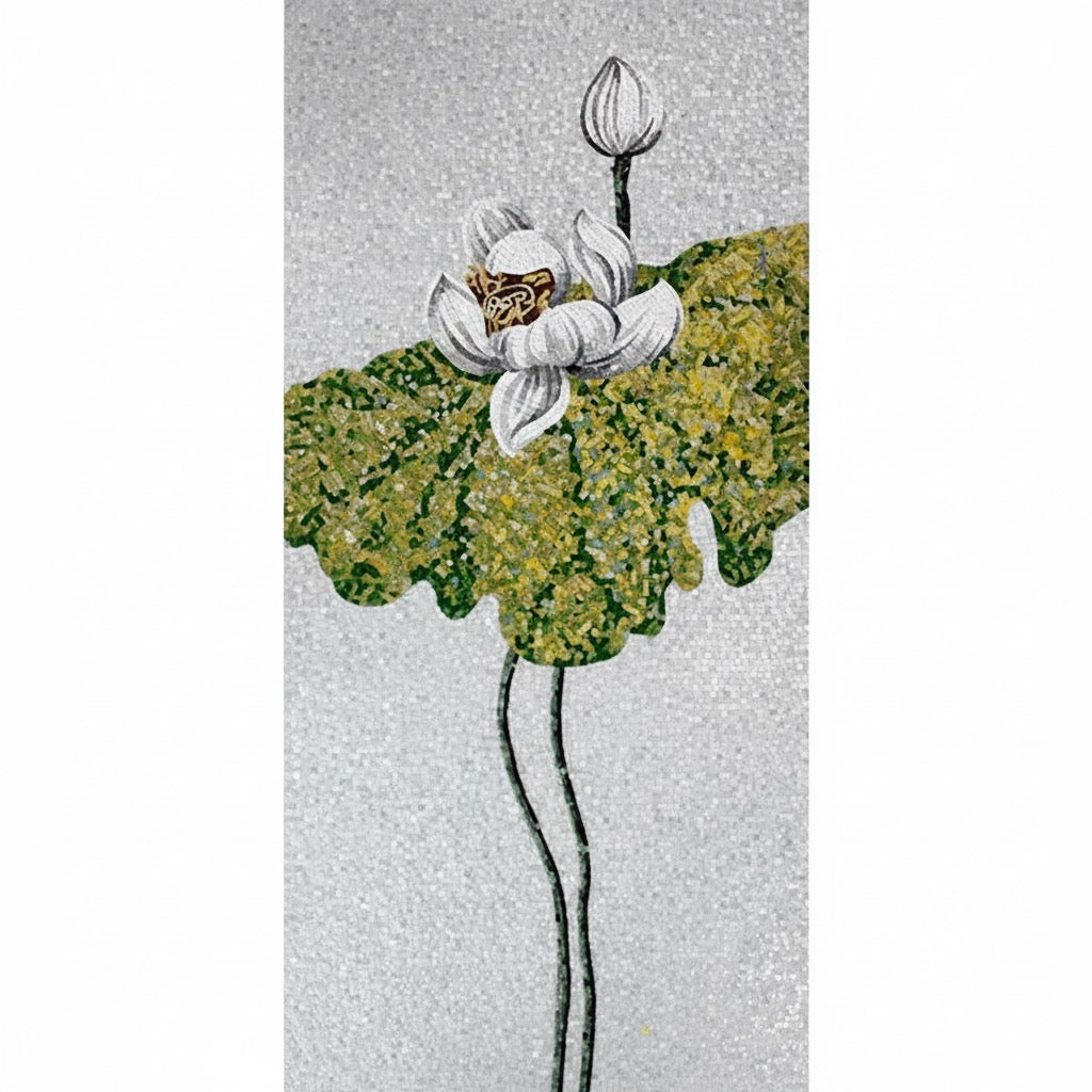 Custom White & Pink Lotus Glass Mosaic Mural - Modern Zen Botanical Art