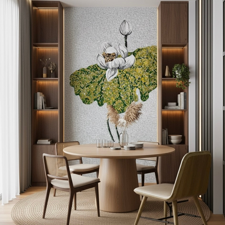 Custom White & Pink Lotus Glass Mosaic Mural - Modern Zen Botanical Art