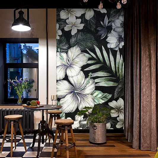 Luxury Tropical Hibiscus Glass Mosaic Mural - Dark Botanical Wall Art