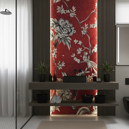 Exquisite Custom Glass Mosaic Mural - "Scarlet Chinoiserie" Floral & Bird Art
