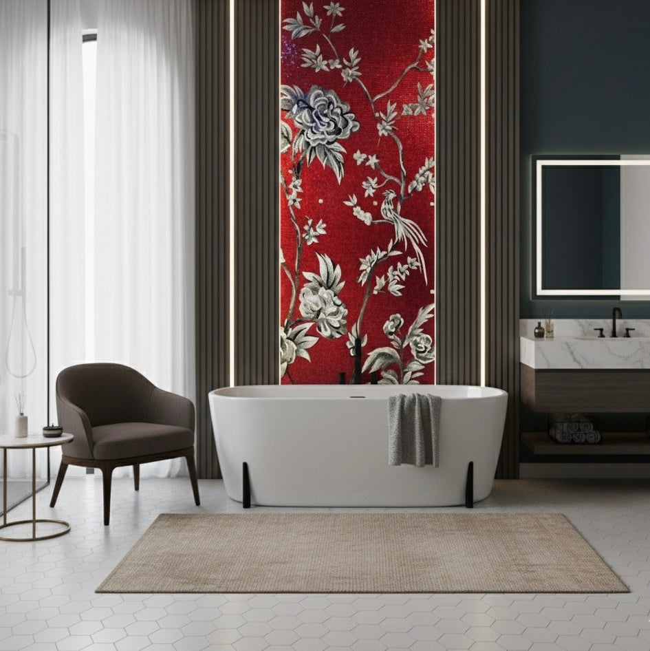Exquisite Custom Glass Mosaic Mural - "Scarlet Chinoiserie" Floral & Bird Art
