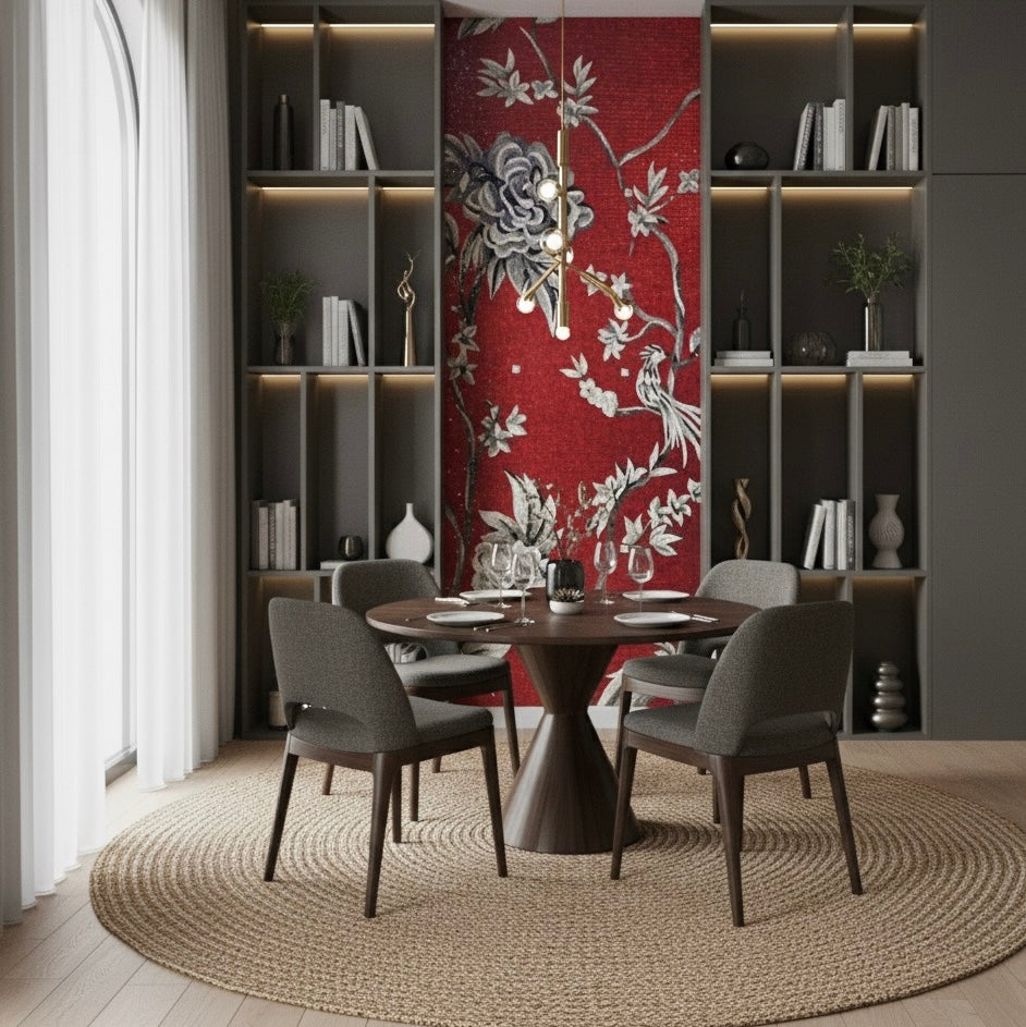 Exquisite Custom Glass Mosaic Mural - "Scarlet Chinoiserie" Floral & Bird Art