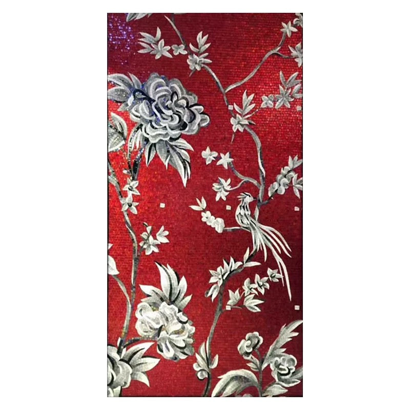 Exquisite Custom Glass Mosaic Mural - "Scarlet Chinoiserie" Floral & Bird Art