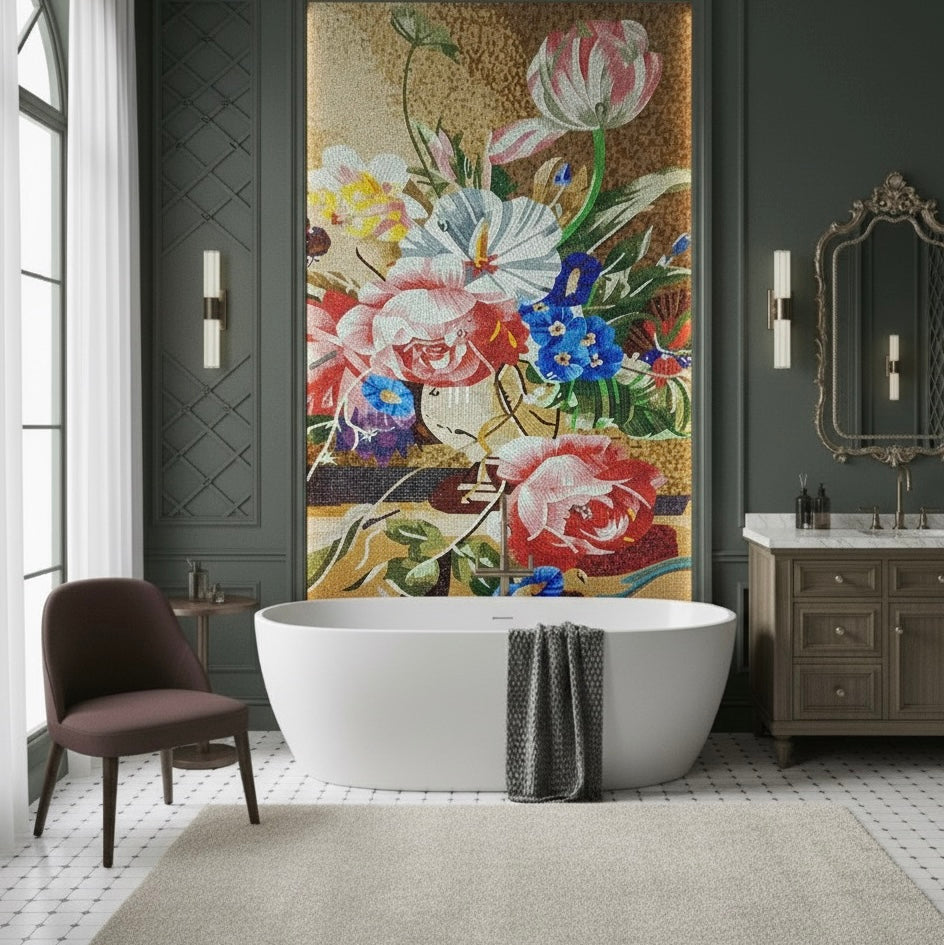 Custom Glass Mosaic Floral Mural: "Timeless Bloom"