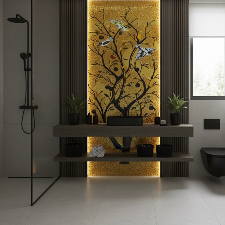 Custom Glass Mosaic Mural: "Gilded Tree of Life"
