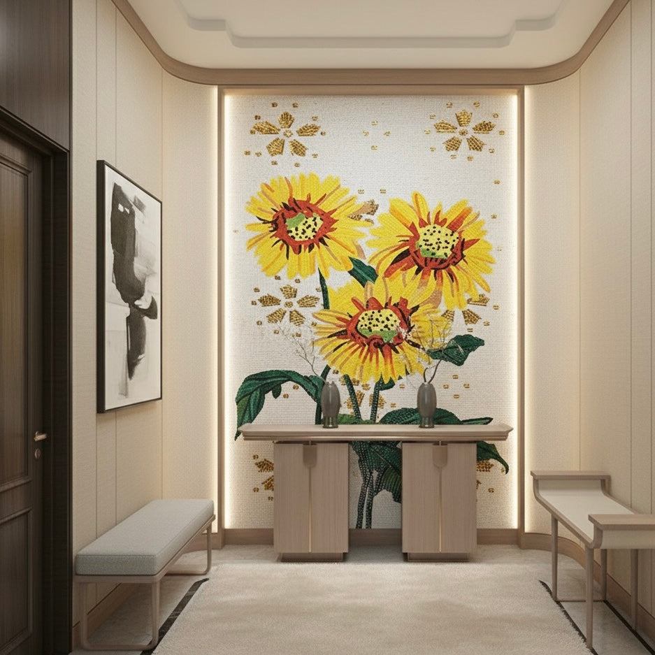 Custom Glass Mosaic Mural: "Golden Sunflower Harvest"