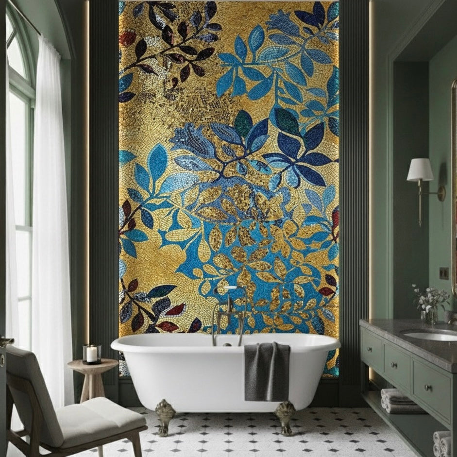 Custom Gold & Royal Blue Leaf Glass Mosaic Mural - Modern Glamour Art