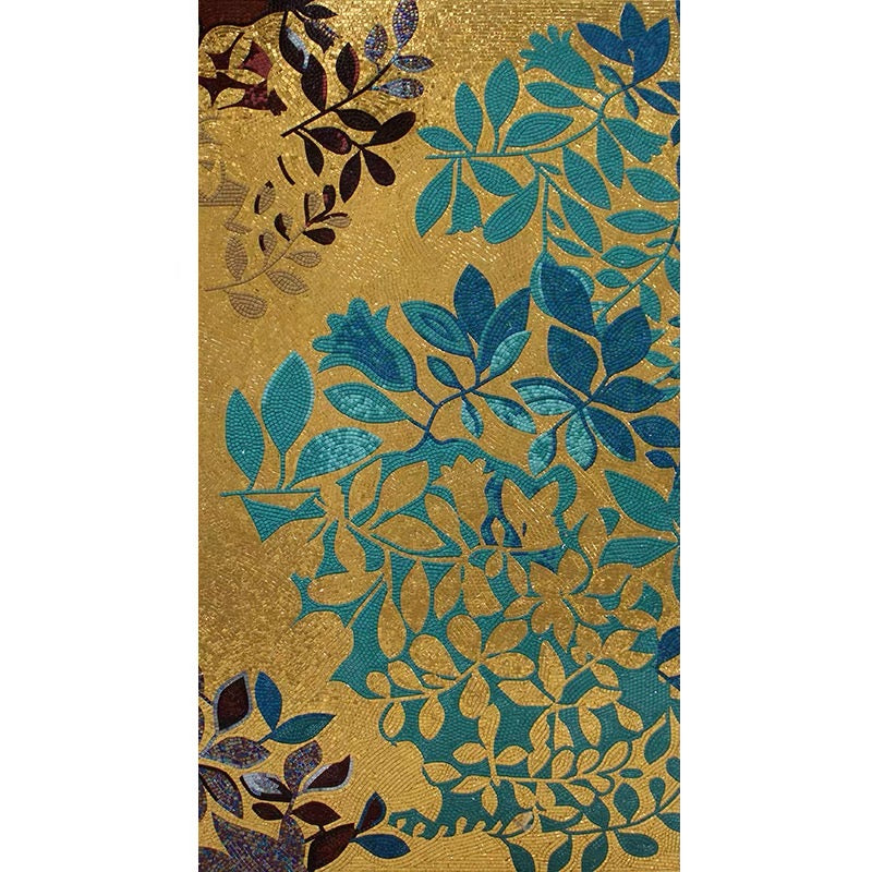 Custom Gold & Royal Blue Leaf Glass Mosaic Mural - Modern Glamour Art