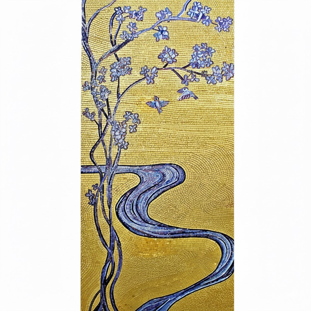 Luxury Custom Gold & Sapphire Blossom Glass Mosaic Mural - Handcrafted Art Deco Wall Panel