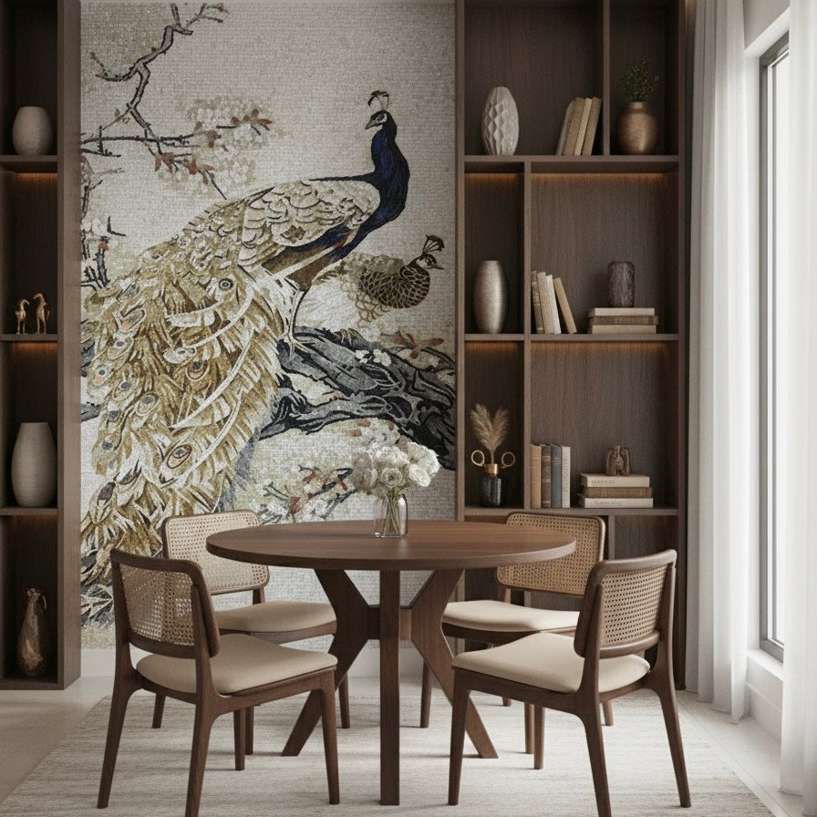 Luxury White Peacock & Magnolia Glass Mosaic Mural | Custom Golden Art Tile