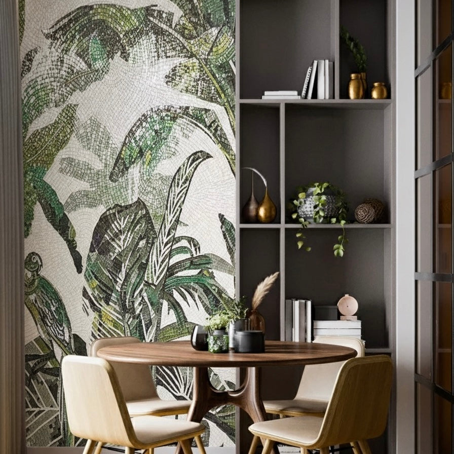 Custom Lush Tropical Glass Mosaic Mural - Rainforest Leaf & Parrot Art