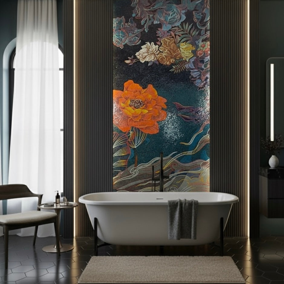 Luxurious Custom Glass Mosaic Mural - "Midnight Bloom" Oversized Floral Art