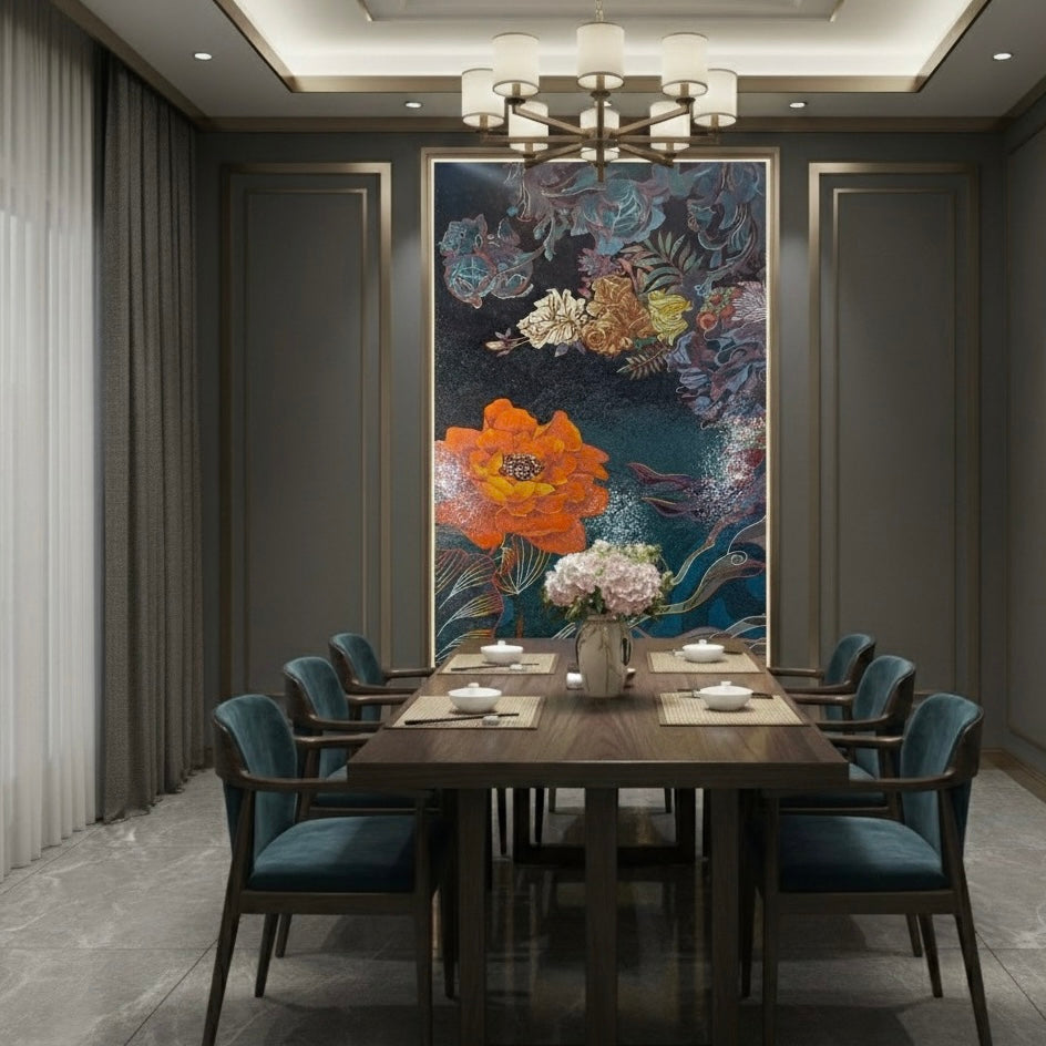 Luxurious Custom Glass Mosaic Mural Midnight Bloom Floral Art