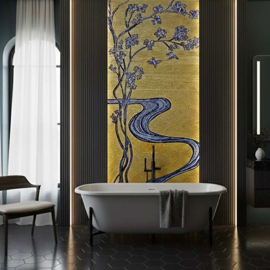 Luxury Custom Gold & Sapphire Blossom Glass Mosaic Mural - Handcrafted Art Deco Wall Panel