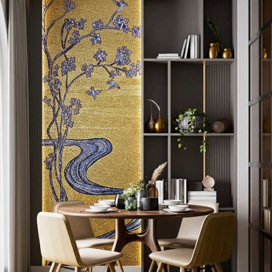 Luxury Custom Gold & Sapphire Blossom Glass Mosaic Mural - Handcrafted Art Deco Wall Panel