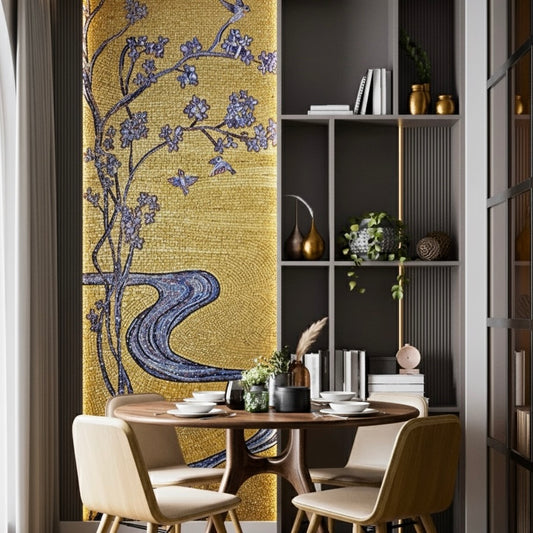 Luxury Custom Gold & Sapphire Blossom Glass Mosaic Mural - Handcrafted Art Deco Wall Panel