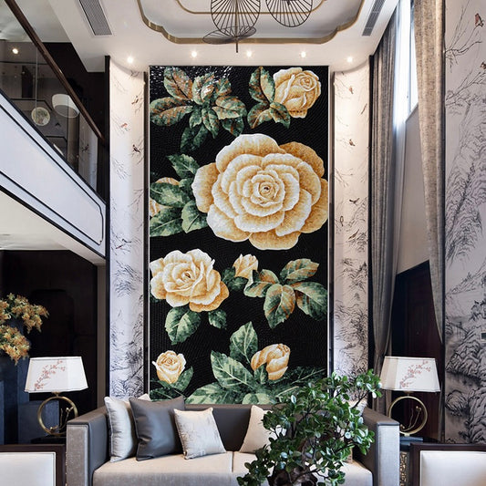 Decorative Mosaic wall mural with floral design in a modern interior setting.