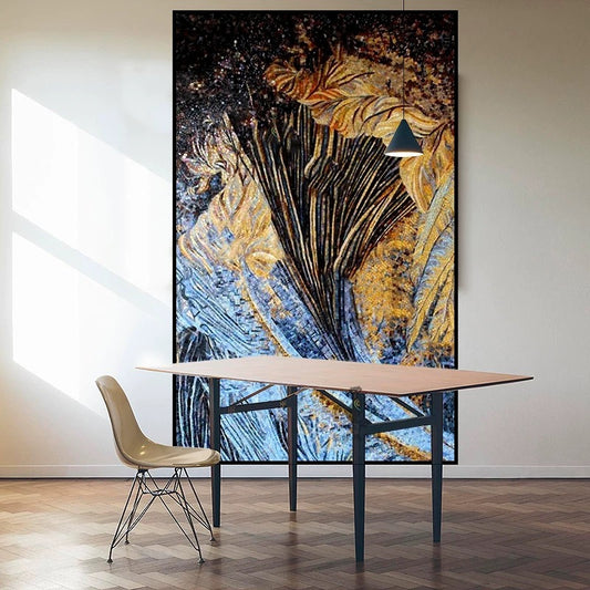 Custom Abstract Gold & Blue Glass Mosaic Mural | Luxury Modern Wall Art
