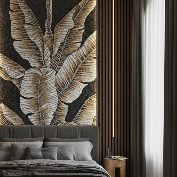 Custom Monochrome Tropical Glass Mosaic Mural - Black & Gold Banana Leaves