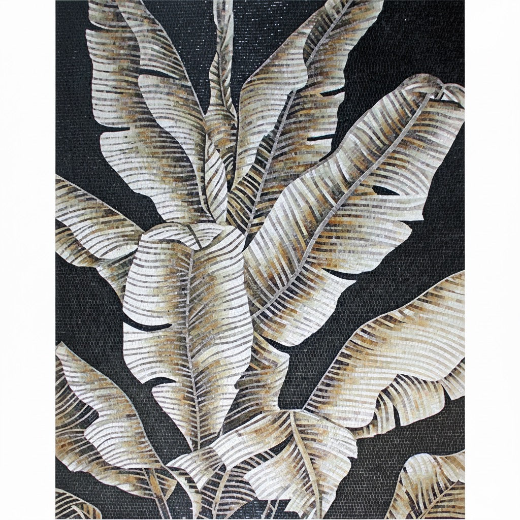 Custom Monochrome Tropical Glass Mosaic Mural - Black & Gold Banana Leaves