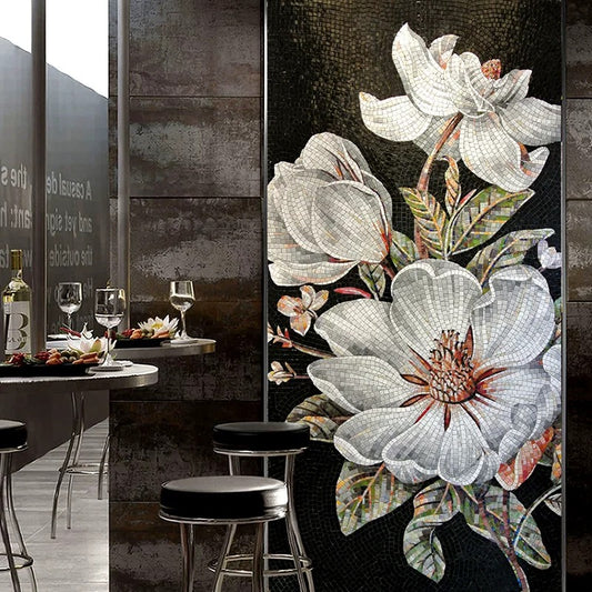 Custom White Magnolia Flower Glass Mosaic Mural for Luxury Wall Art