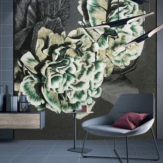 Decorative wall mural with floral design in a modern room setting.