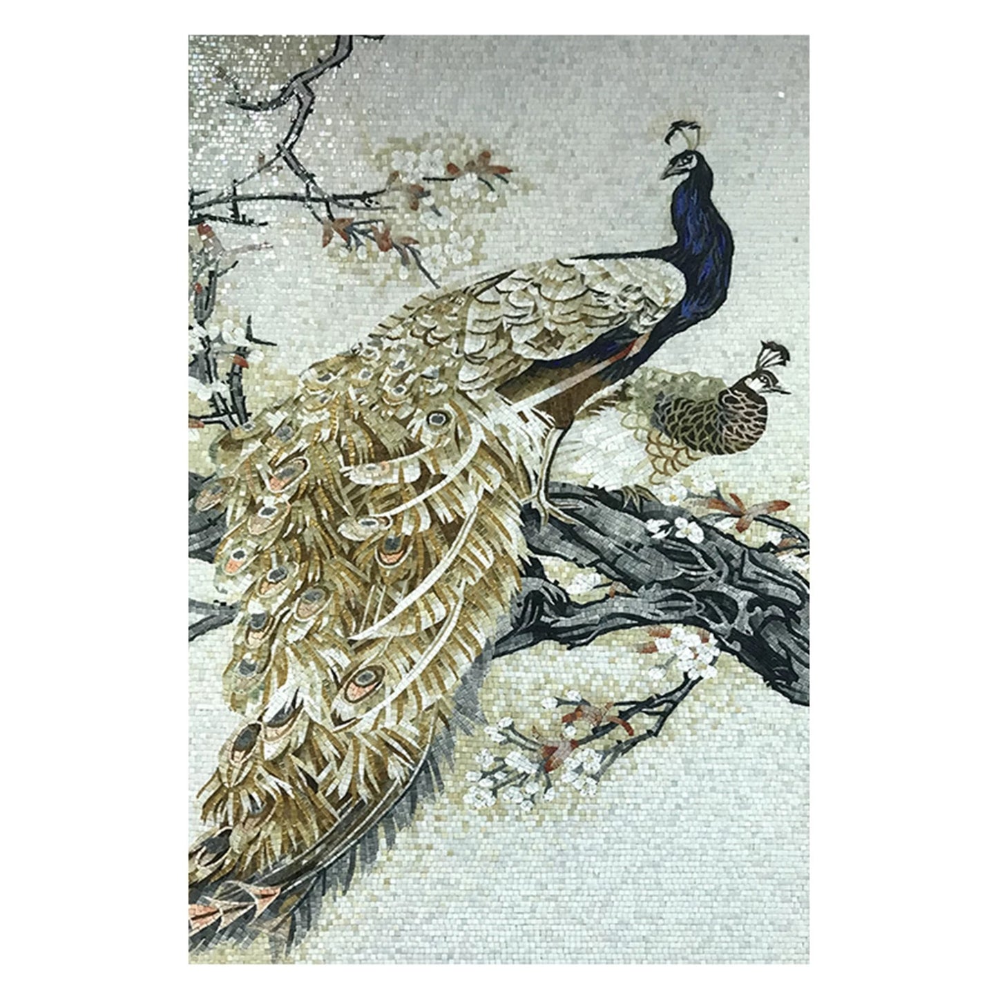 Mosaic artwork of peacocks on a light background