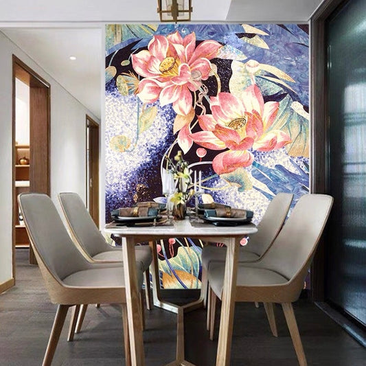 Vibrant Pink Lotus Custom Glass Mosaic Mural Contemporary Statement Wall Art