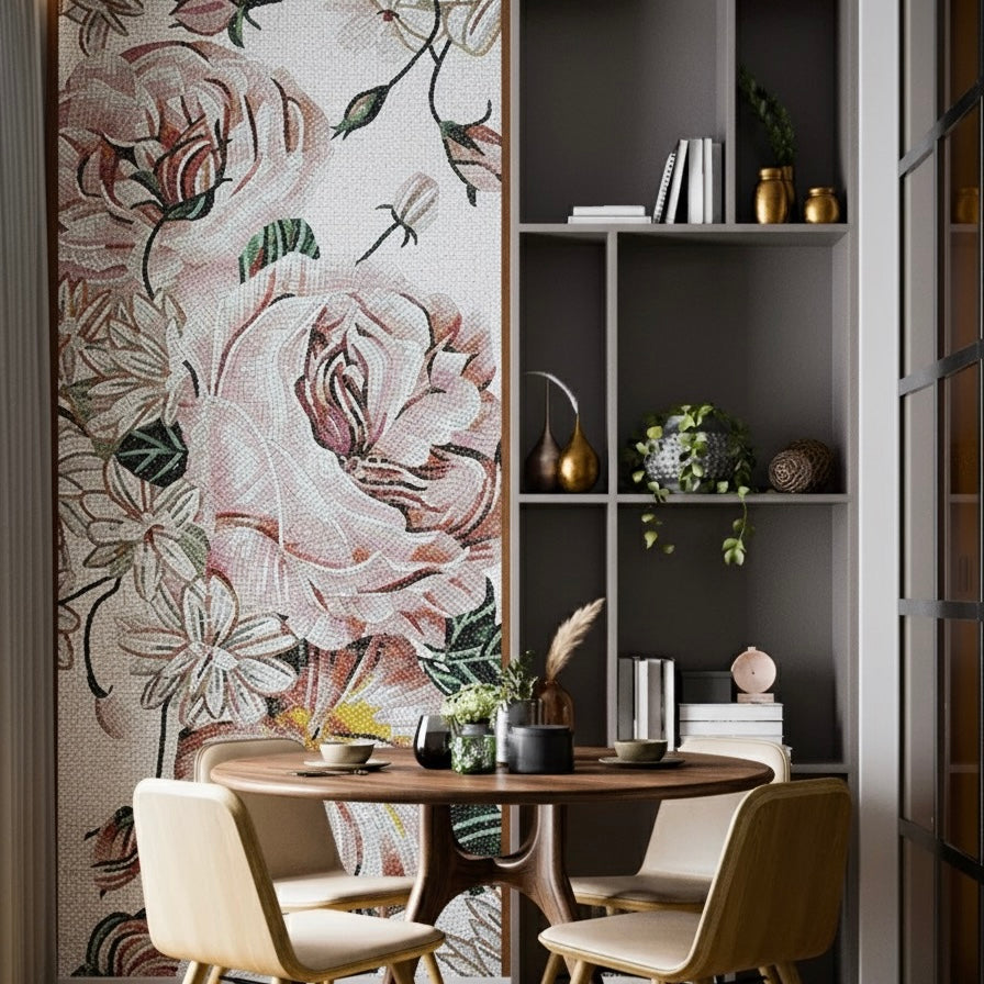 Custom Romantic Rose Garden Glass Mosaic Mural - Soft Floral Wall Art