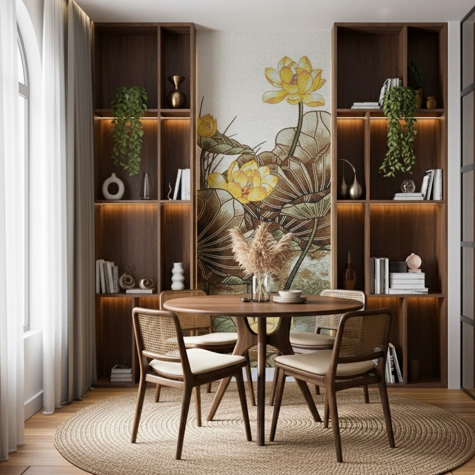 Serene Elegance: The Golden Lotus Glass Mosaic Mural