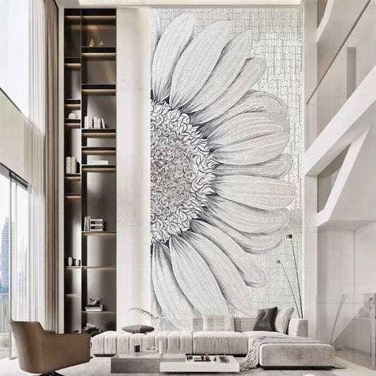 Large White Sunflower Custom Glass Mosaic Mural - Modern Floral Wall Art