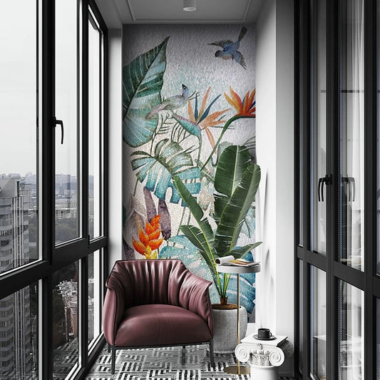 Custom Tropical Glass Mosaic Mural: Lush Jungle Birds & Leaves Wall Art