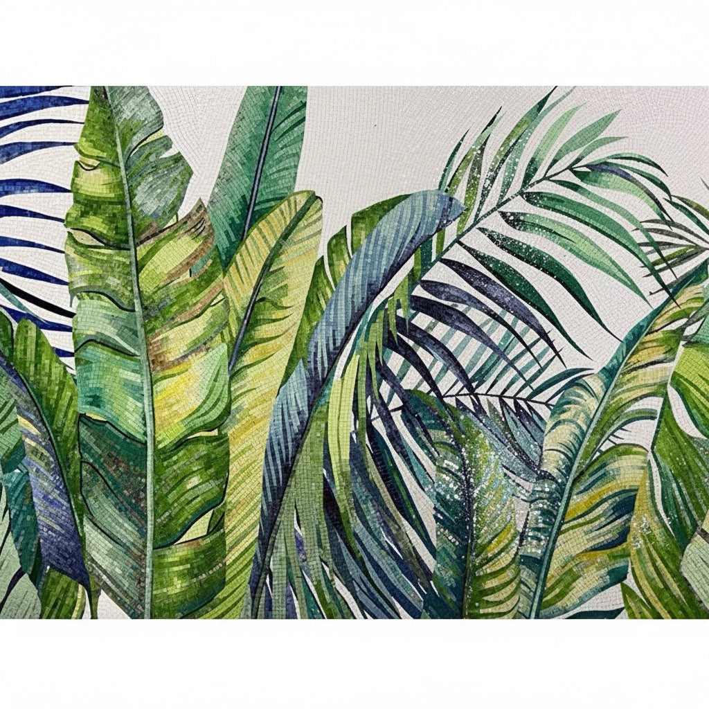 Custom Tropical Leaf Glass Mosaic Mural - Lush Jungle Wall Art