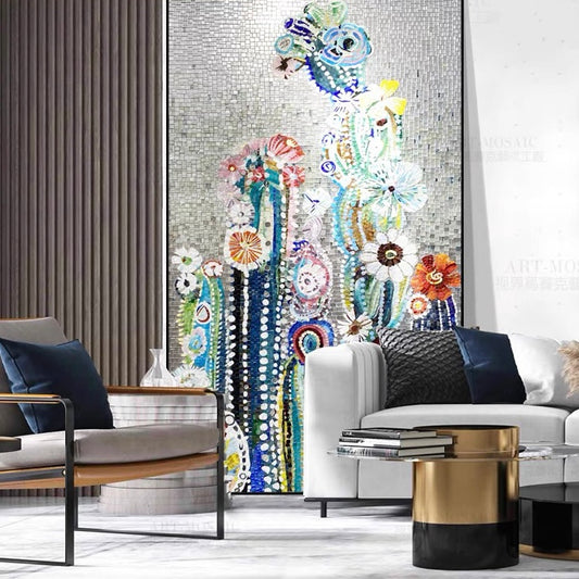 Modern living room with a decorative wall art piece featuring flowers and abstract elements.