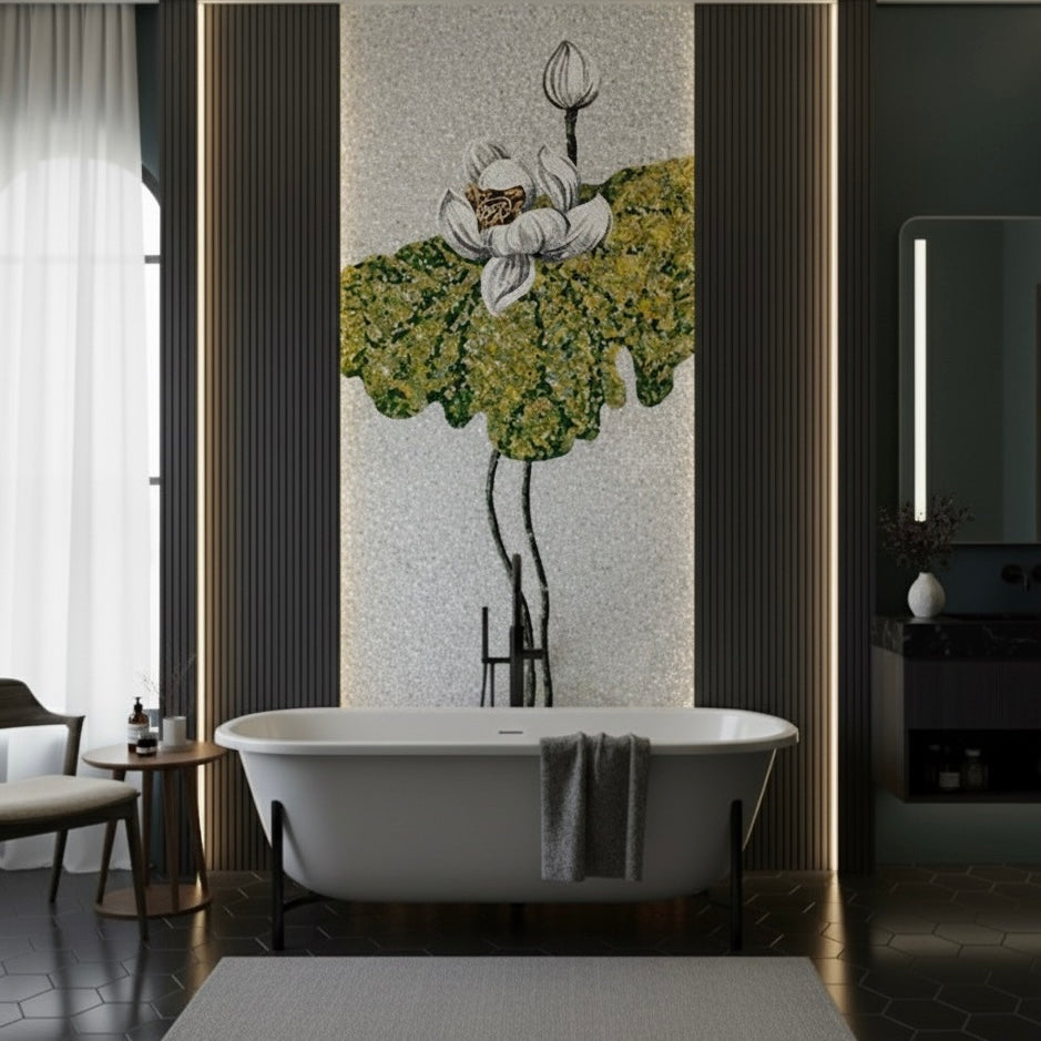 Custom White & Pink Lotus Glass Mosaic Mural - Modern Zen Botanical Art