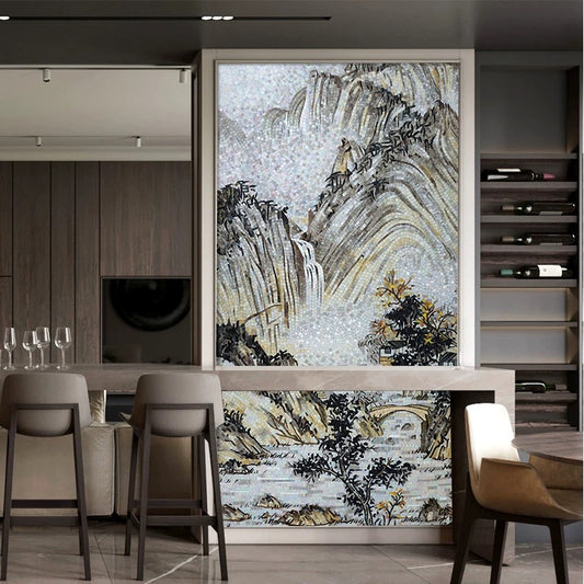 Dining room with a large abstract mountain landscape mosaic mural on the wall.